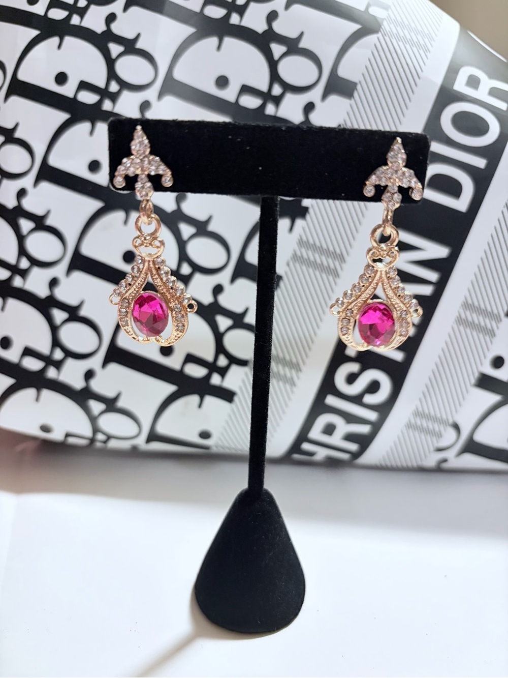 Gold Drop Earrings with Pink Gemstones